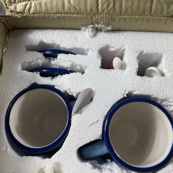 Snowman Coffee Cocoa Cup Mug Set Of 2 Each Cup Spoon Coaster Ceramic 2012 NEW - Picture 12 of 12